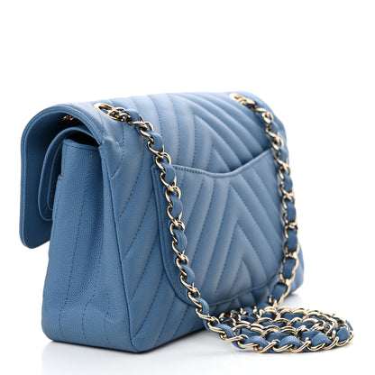 Chanel Caviar Flat Chevron Quilted Small Double Flap Blue 3 of 10