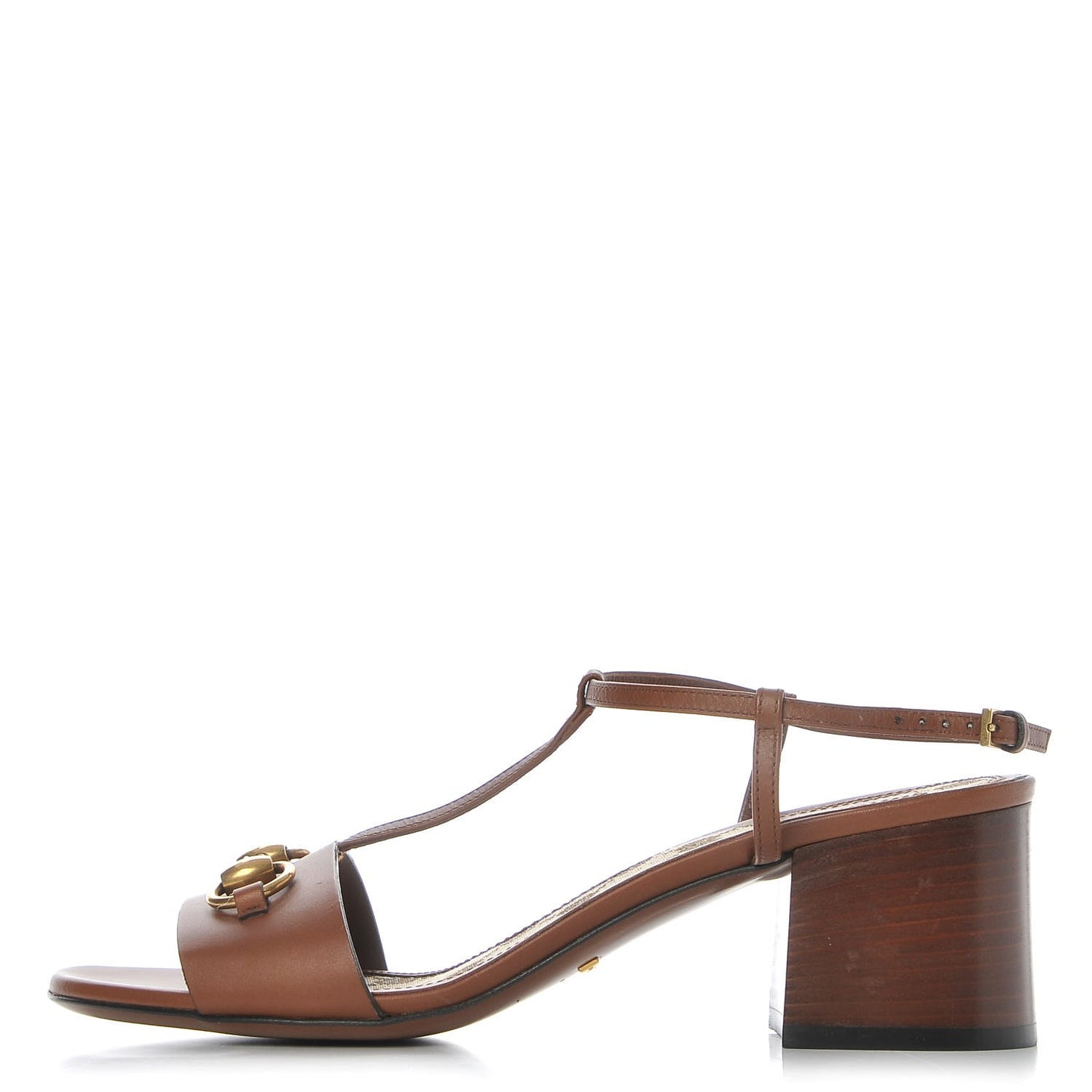 Calfskin Monogram Horsebit T-Strap Low Heel Sandals 38 Cognac