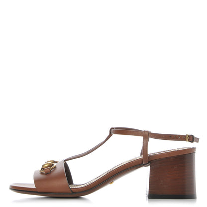 Gucci Calfskin Monogram Horsebit T-Strap Low Heel Sandals 38 Cognac 1 of 7