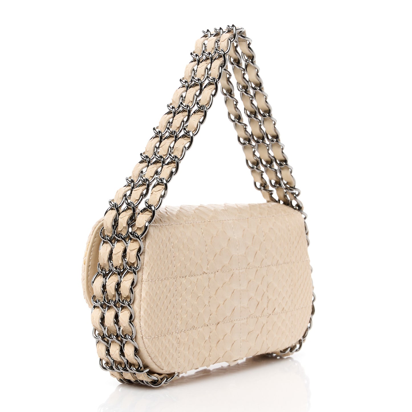 Snakeskin 3 Chain Flap Beige Clair