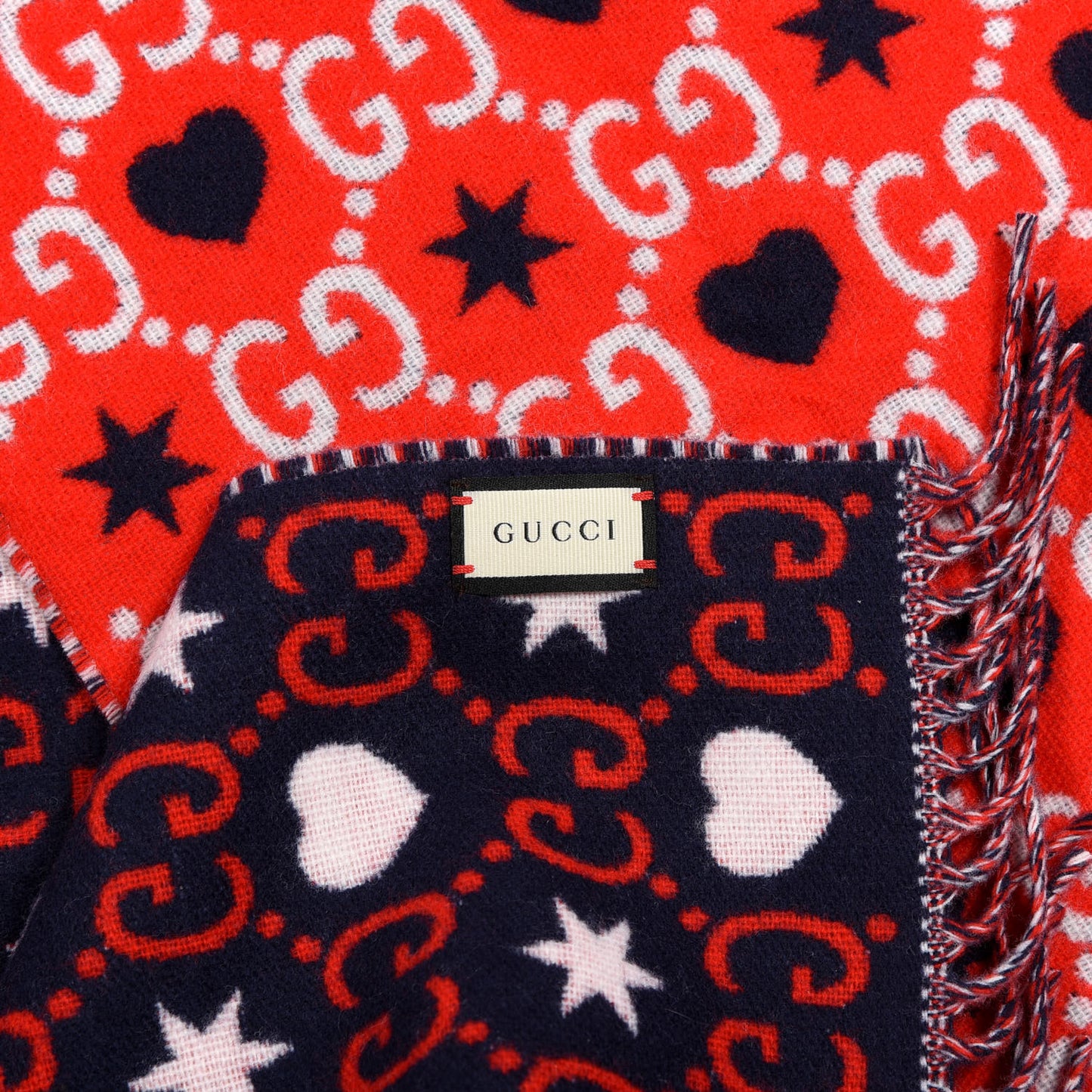 Wool Jacquard GG Monogram Hearts Scarf Red Blue