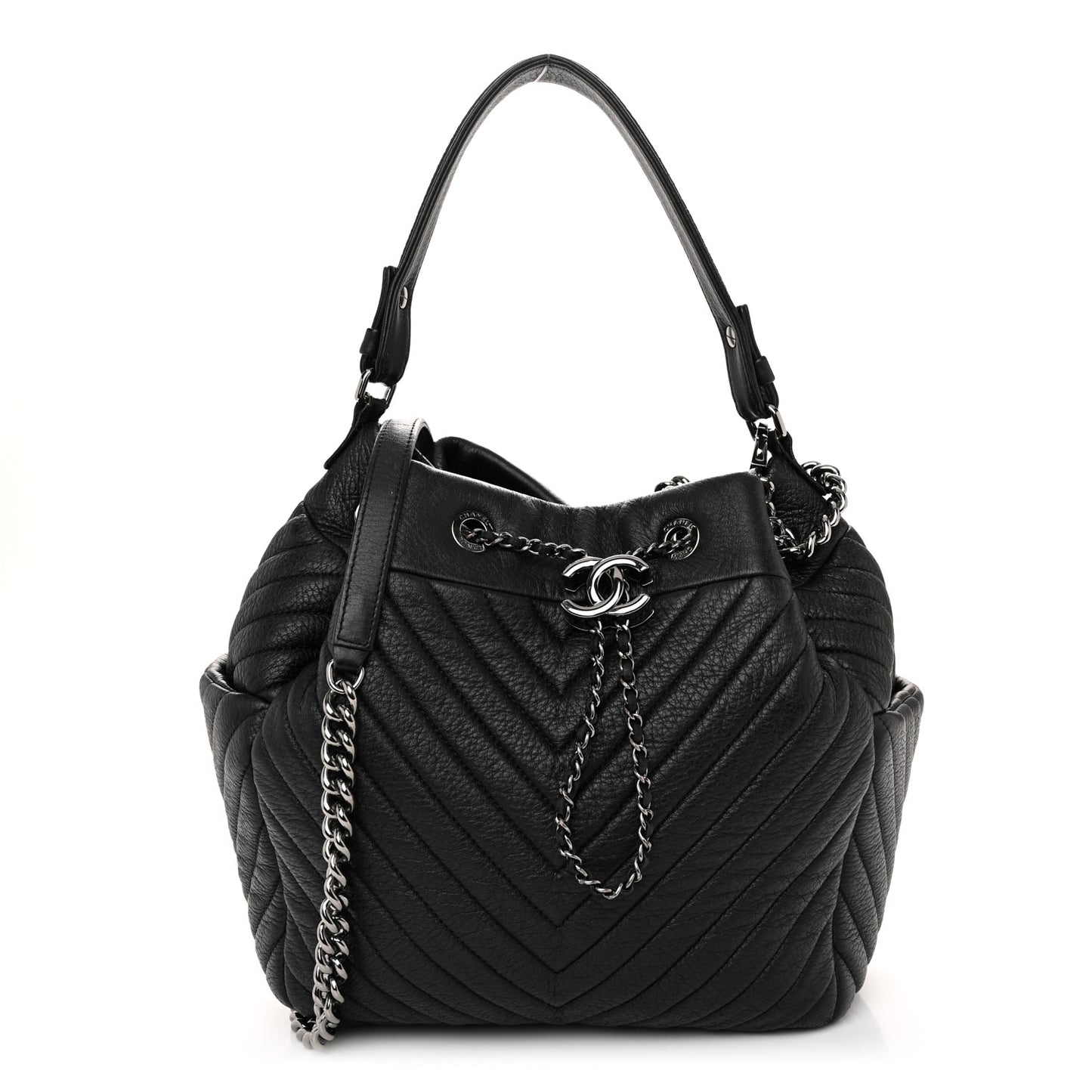 Deerskin Chevron Medium CC Chain Bucket Drawstring Bag Black