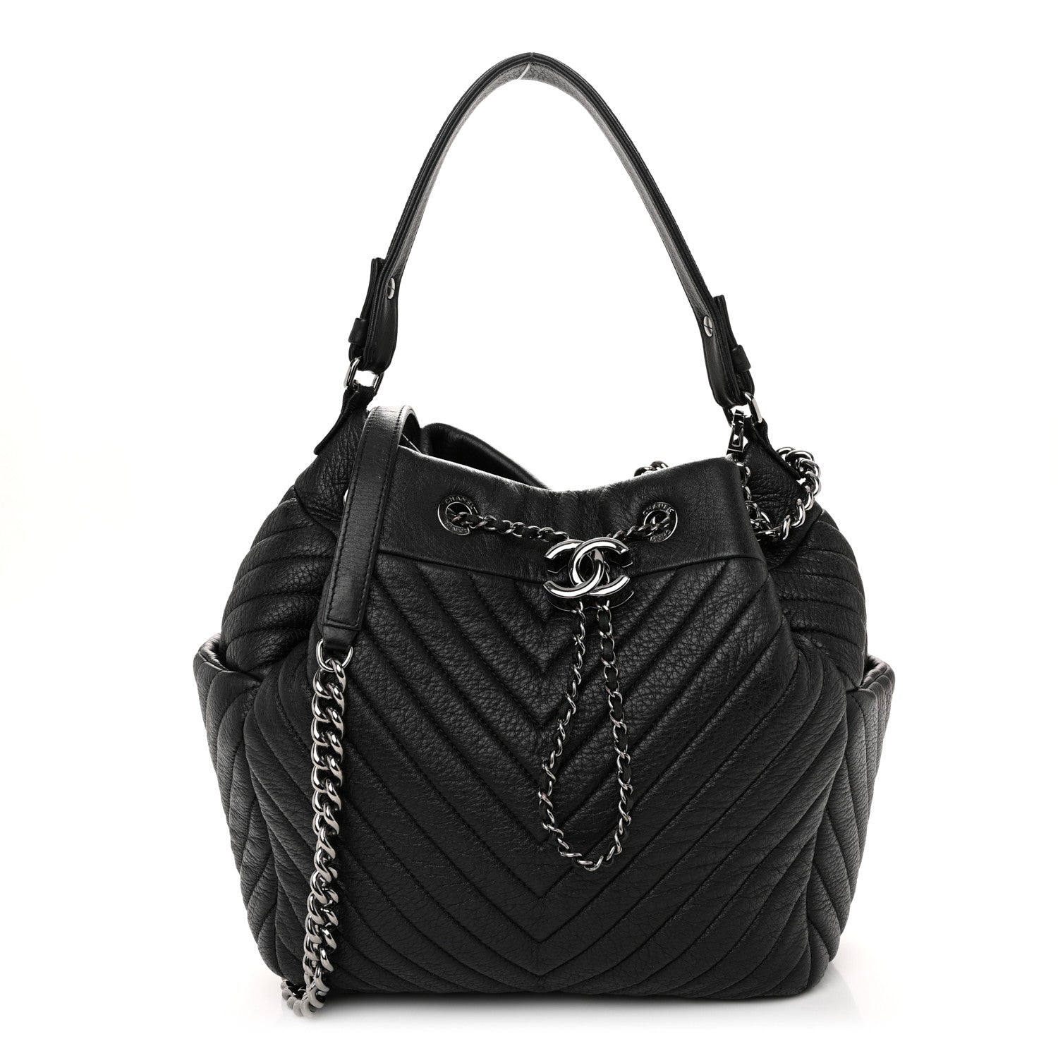 Chanel Deerskin Chevron Medium CC Chain Bucket Drawstring Bag Black 1 of 11