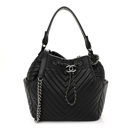 Chanel Deerskin Chevron Medium CC Chain Bucket Drawstring Bag Black 1 of 11