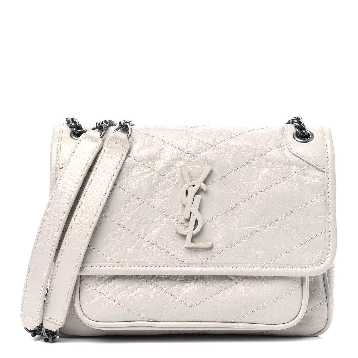 Crinkled Calfskin Matelasse Monogram Baby Niki Chain Satchel White