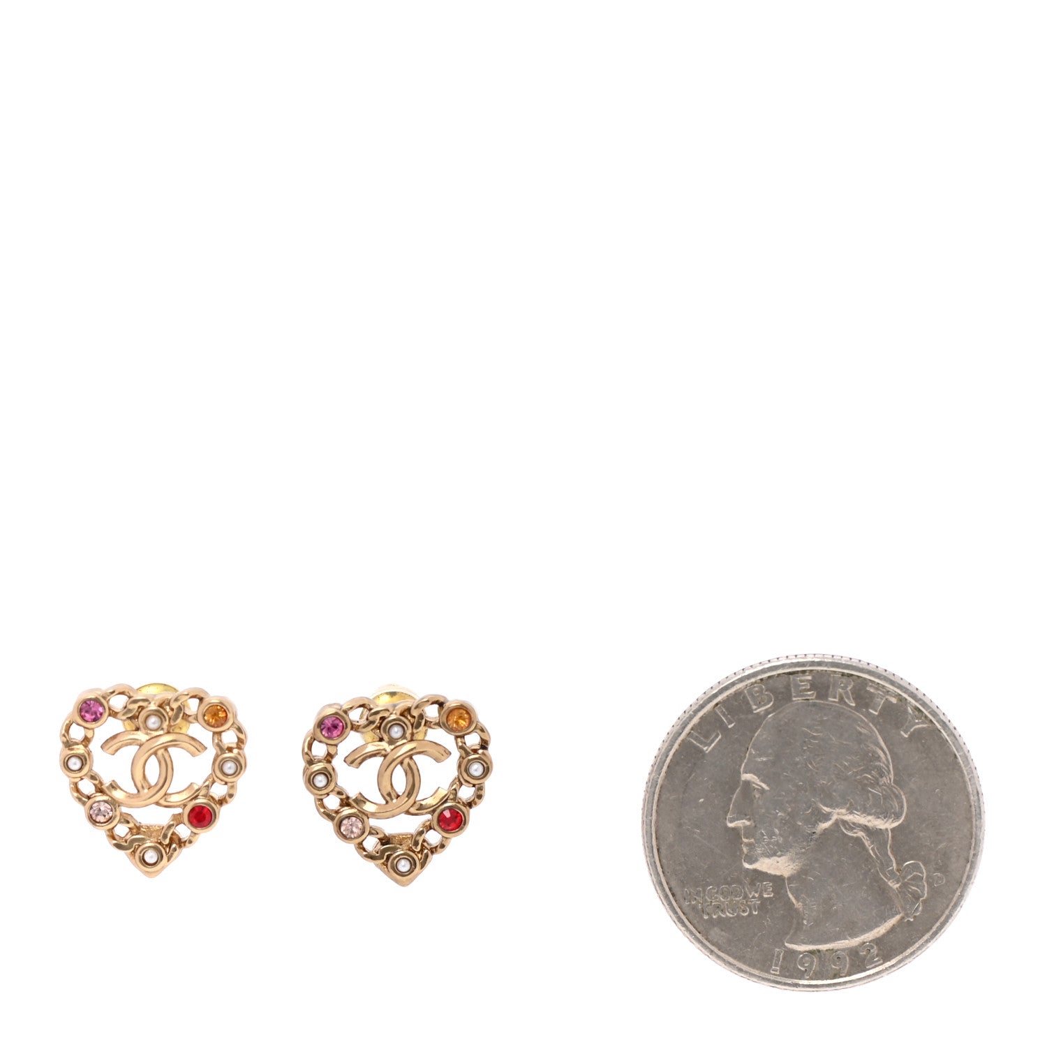 Chanel Pearl Crystal CC Heart Earrings Gold Multicolor 2 of 4