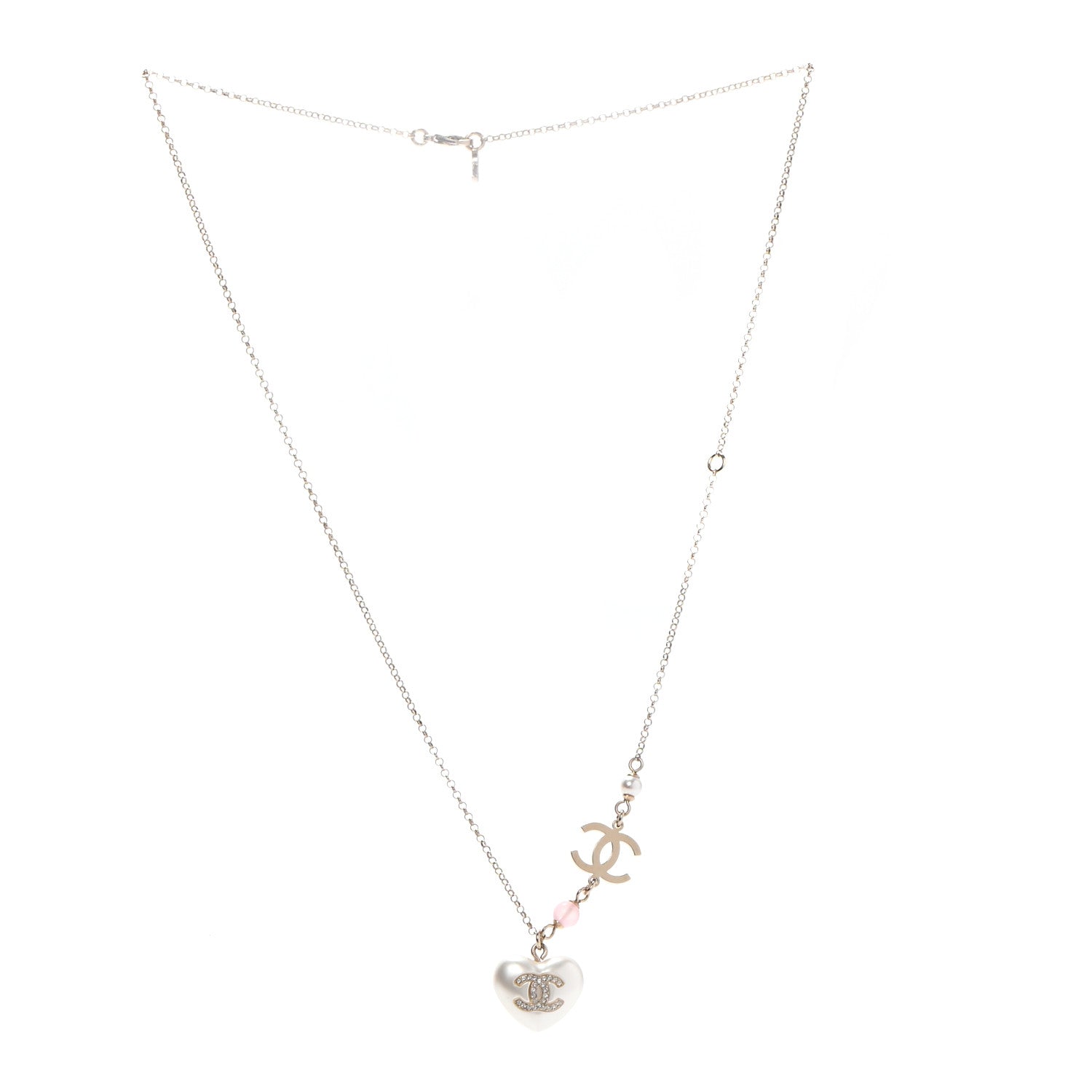 Chanel Resin Crystal CC Heart Necklace Pearly White Gold 3 of 6