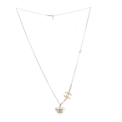 Chanel Resin Crystal CC Heart Necklace Pearly White Gold 3 of 6