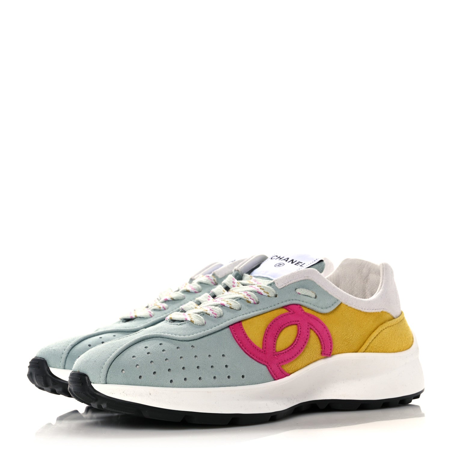 Chanel Fabric Suede Kidskin CC Sneakers 38.5 Light Turquoise Fuchsia Yellow 3 of 8