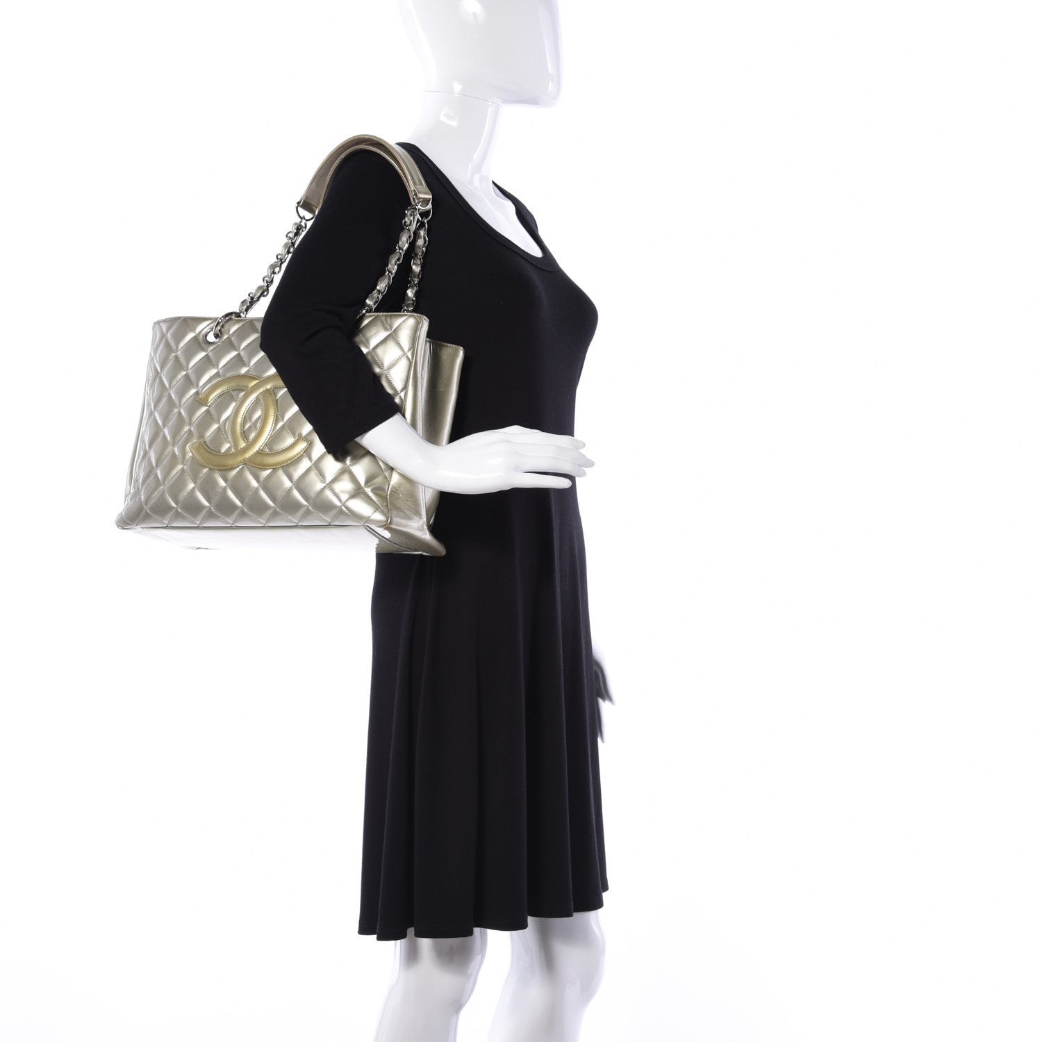 Chanel Patent Quilted Grand Shopping Tote GST Silver Gold 2 of 11