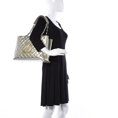 Chanel Patent Quilted Grand Shopping Tote GST Silver Gold 2 of 11