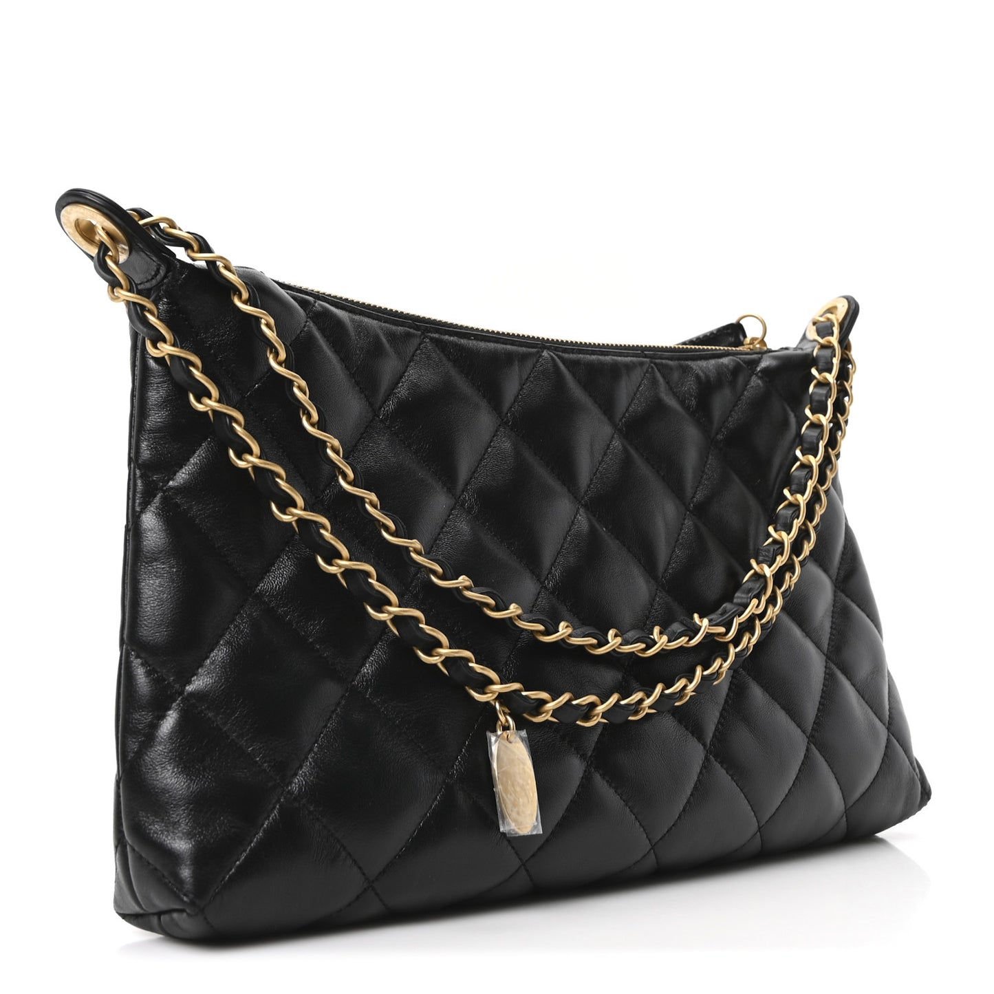 Shiny Lambskin Quilted CC Hobo Black
