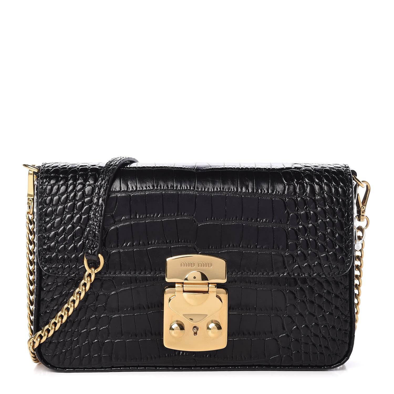 Miu Miu Crocodile Print Calfskin Bandoleer Bag Black 1 of 9