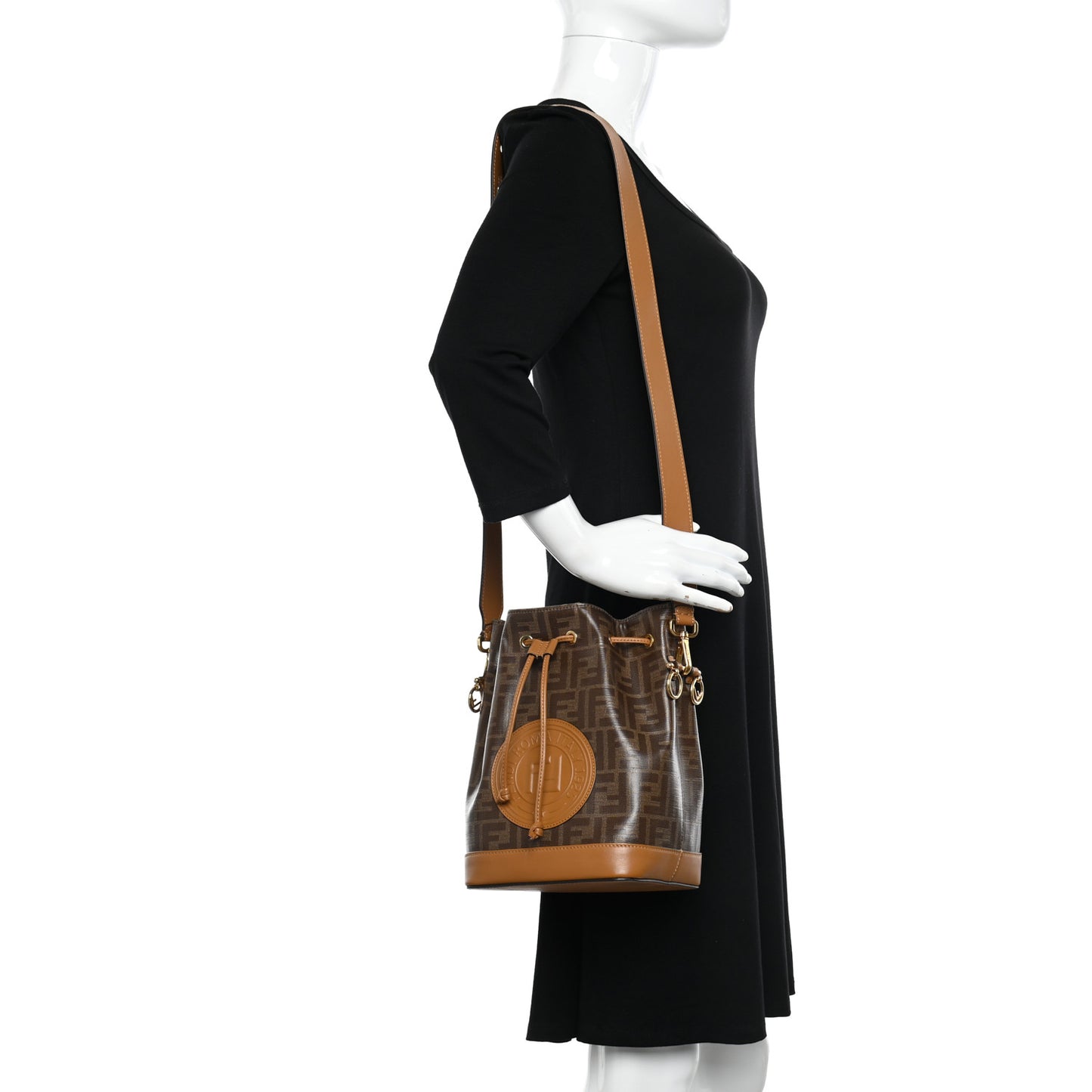 Glazed Fabric Vitello Grace F is Fendi FF 1974 Stamp Patch Grande Mon Tresor Bucket Bag Mogano Panna Nocciola