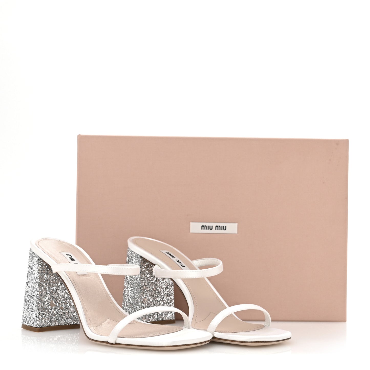 Satin Raso Glitter Block Heel Sandals 38 White Argento
