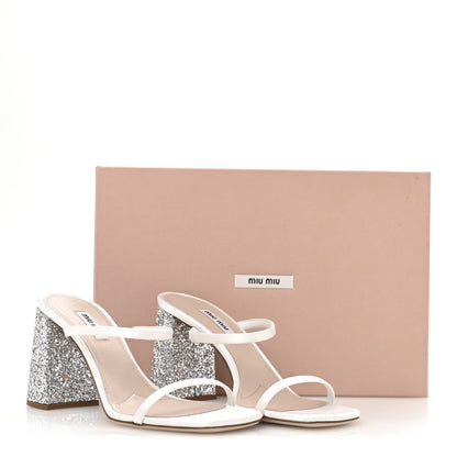 Miu Miu Satin Raso Glitter Block Heel Sandals 38 White Argento 10 of 10