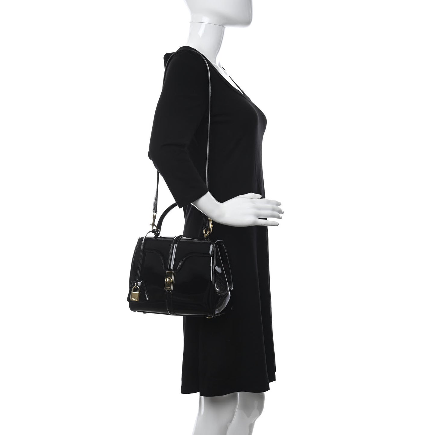 Patent Calfskin Small 16 Top Handle Bag Black