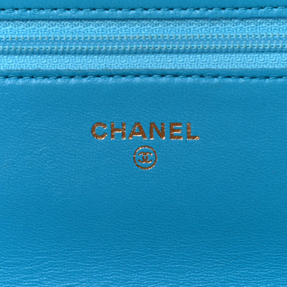 Chanel Lambskin Camellia Embossed Wallet On Chain WOC Turquoise 5 of 9