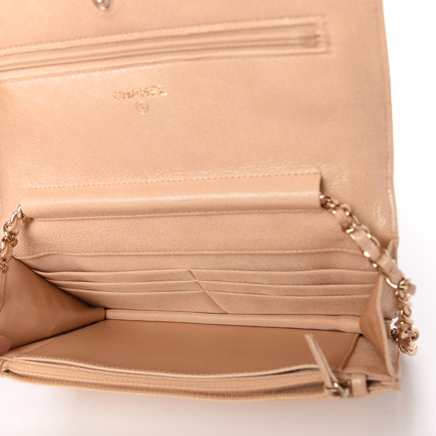 Iridescent Caviar Quilted Wallet On Chain WOC Beige