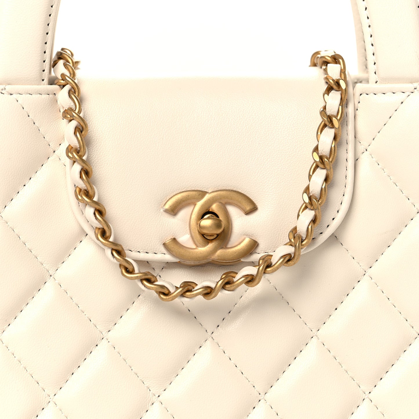 Shiny Aged Calfskin Quilted Nano Kelly Shopper White