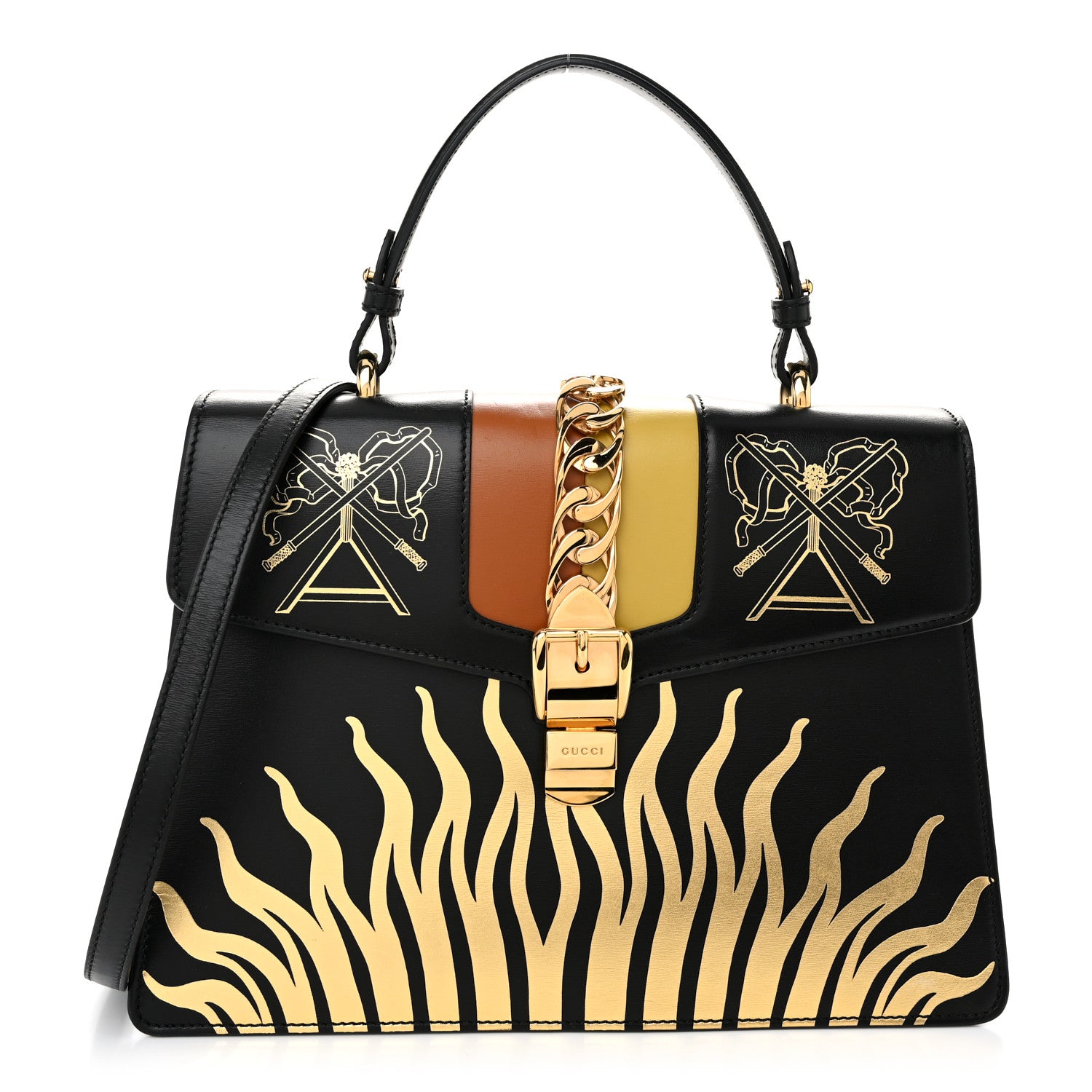 Gucci Calfskin Gold Sun Medium Sylvie Top Handle Bag Black 1 of 10