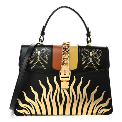 Gucci Calfskin Gold Sun Medium Sylvie Top Handle Bag Black 1 of 10