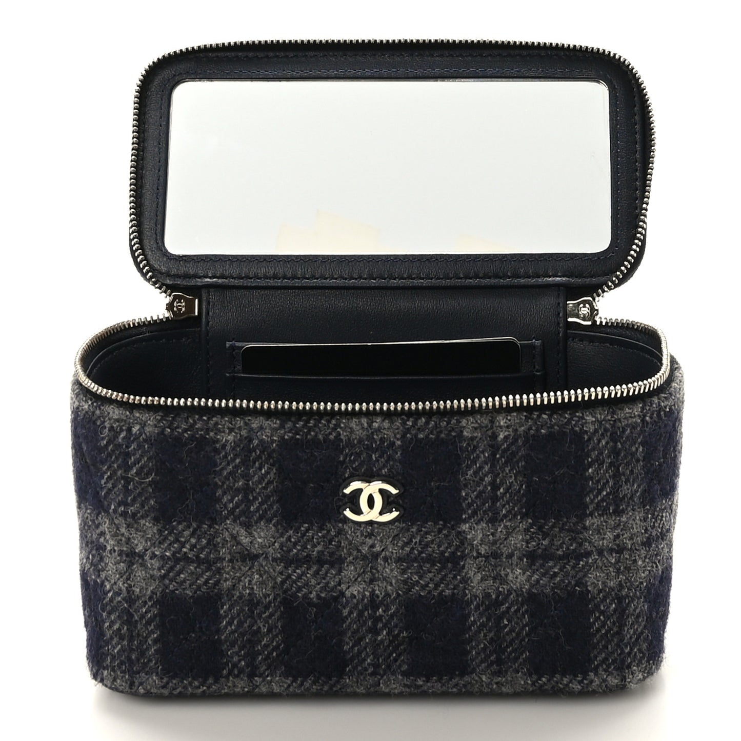 Wool Plaid Quilted Small Vanity Case With Chain Blue