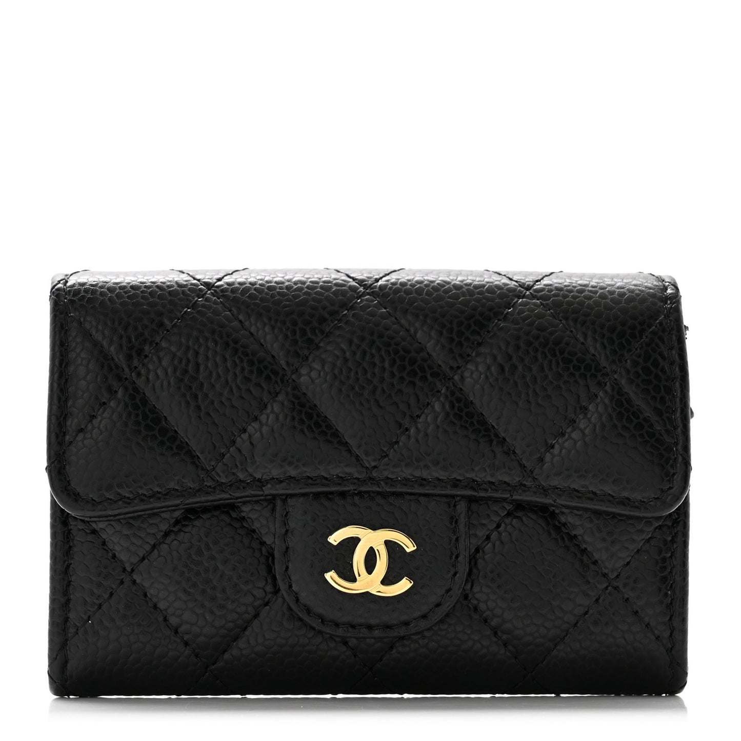 Caviar Quilted Flap Card Holder Wallet Black