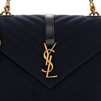Saint Laurent Smooth Calfskin Cotton Canvas Matelasse Chevron Monogram Medium College Bag Deeply Blue 7 of 9