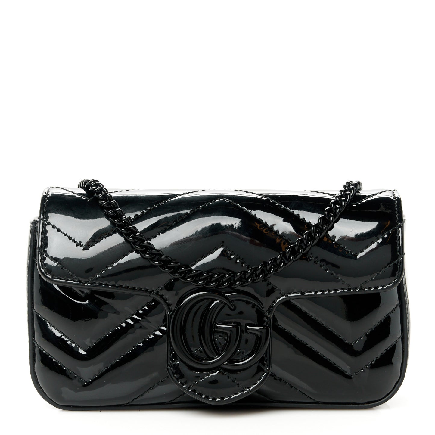 Patent Lambskin Enamel Matelasse Monochrome Super Mini GG Marmont Shoulder Bag Black