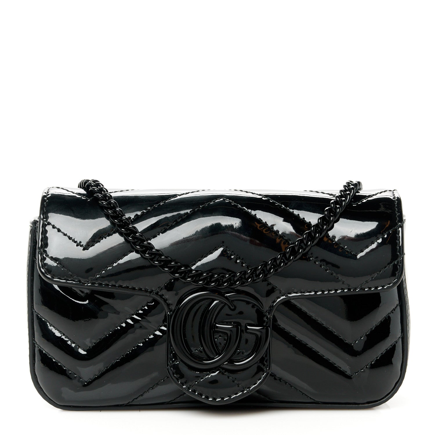 Gucci Patent Lambskin Enamel Matelasse Monochrome Super Mini GG Marmont Shoulder Bag Black 1 of 10