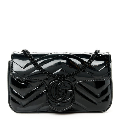 Gucci Patent Lambskin Enamel Matelasse Monochrome Super Mini GG Marmont Shoulder Bag Black 1 of 10