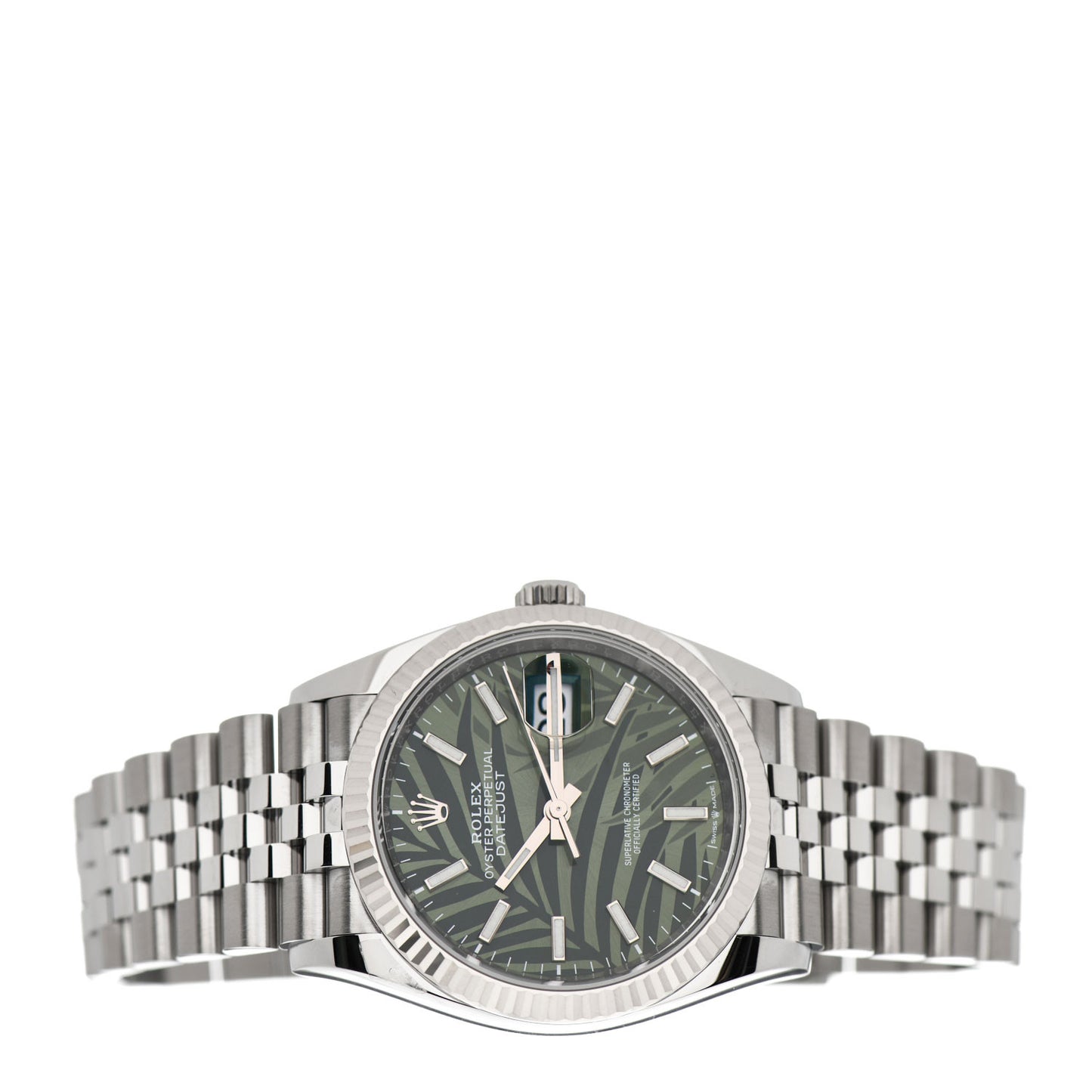 Stainless Steel 18K White Gold 36mm Oyster Perpetual Datejust Watch Olive Green Palm 126234