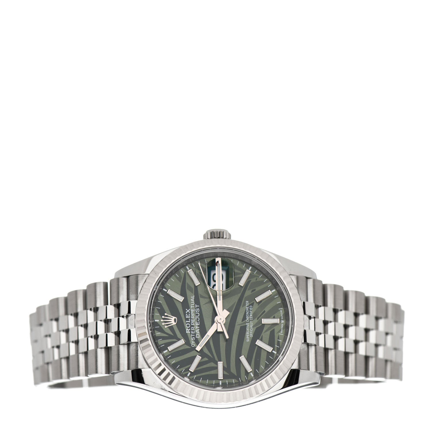 Rolex Stainless Steel 18K White Gold 36mm Oyster Perpetual Datejust Watch Olive Green Palm 126234 2 of 5
