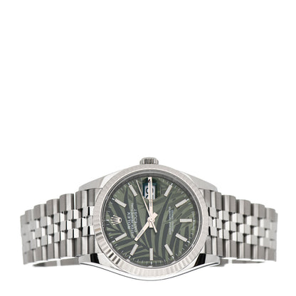Rolex Stainless Steel 18K White Gold 36mm Oyster Perpetual Datejust Watch Olive Green Palm 126234 2 of 5