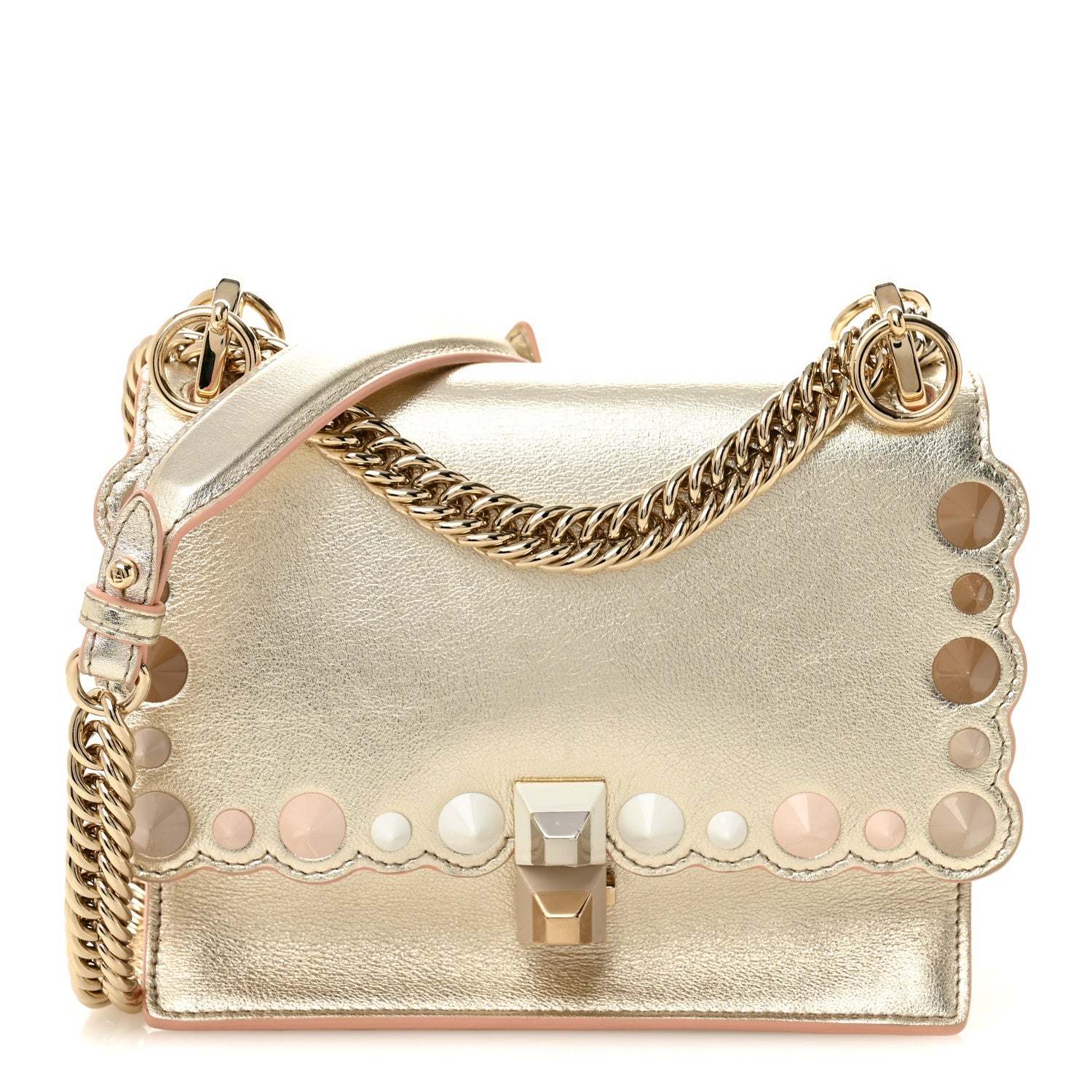 Fendi Vitello Catalan Mirror Scalloped Multi Studded Small Kan I Shoulder Bag Champagne 1 of 10