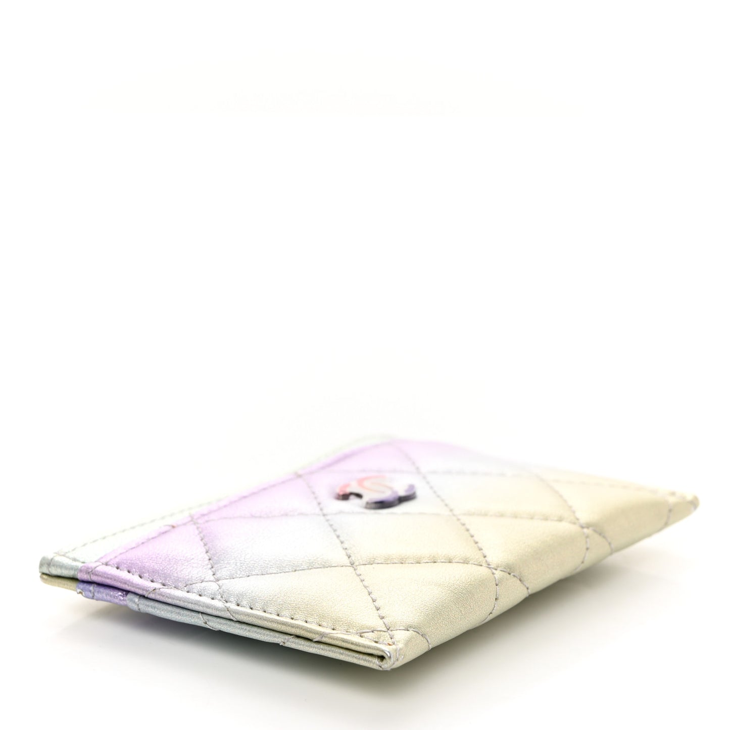 Gradient Metallic Calfskin Quilted Card Holder Silver Blue Yellow Purple
