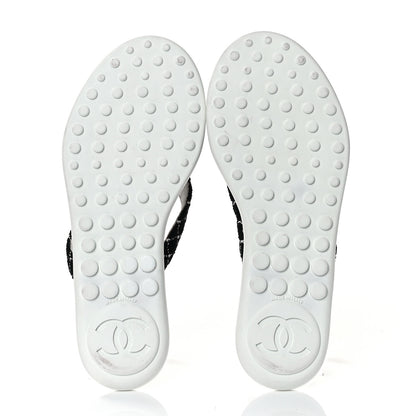 Chanel Tweed Quilted Camellia Thong Sandals 37.5 Black White 5 of 8