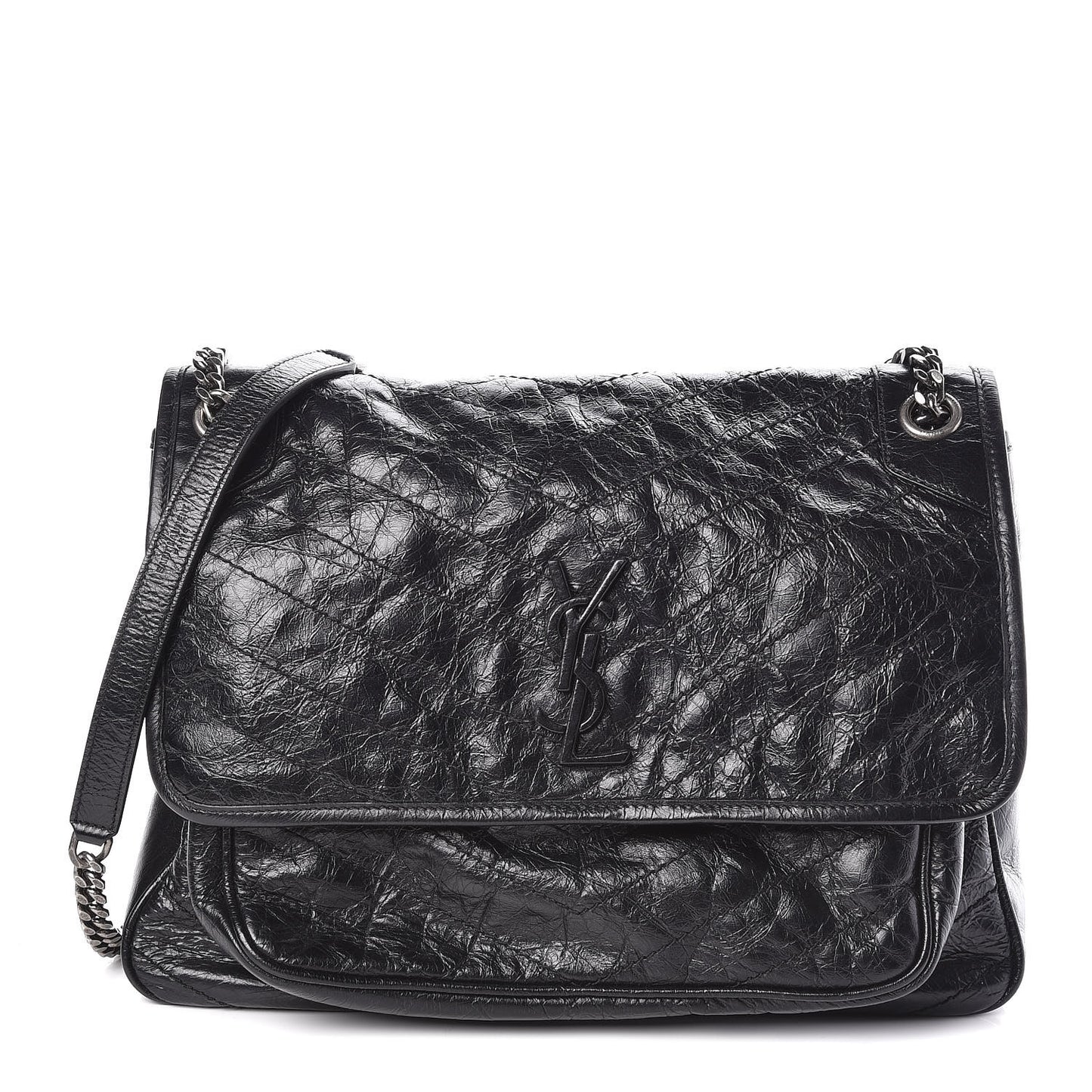 Crinkled Calfskin Matelasse Monogram Large Niki Chain Satchel Black