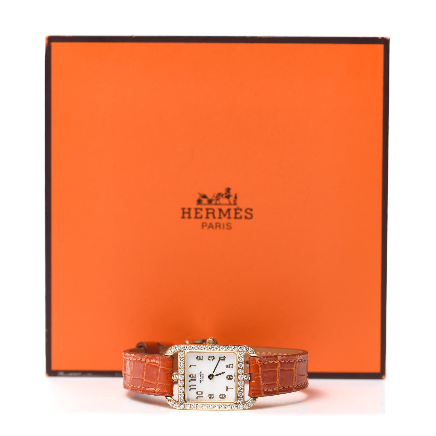 Hermes 18K Yellow Gold Alligator Diamond Bezel Mother of Pearl 19mm Cape Cod Quartz Watch Orange 5 of 5