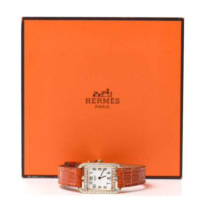 Hermes 18K Yellow Gold Alligator Diamond Bezel Mother of Pearl 19mm Cape Cod Quartz Watch Orange 5 of 5