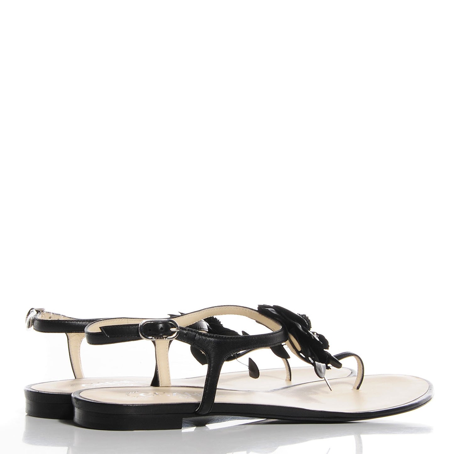 Lambskin Camellia Thong Sandals 41 11 Black