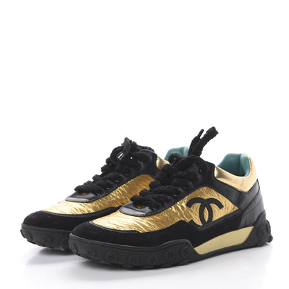 Chanel Metallic Fabric Calfskin Suede Crocodile Embossed CC Sneakers 36.5 Black Gold 3 of 9
