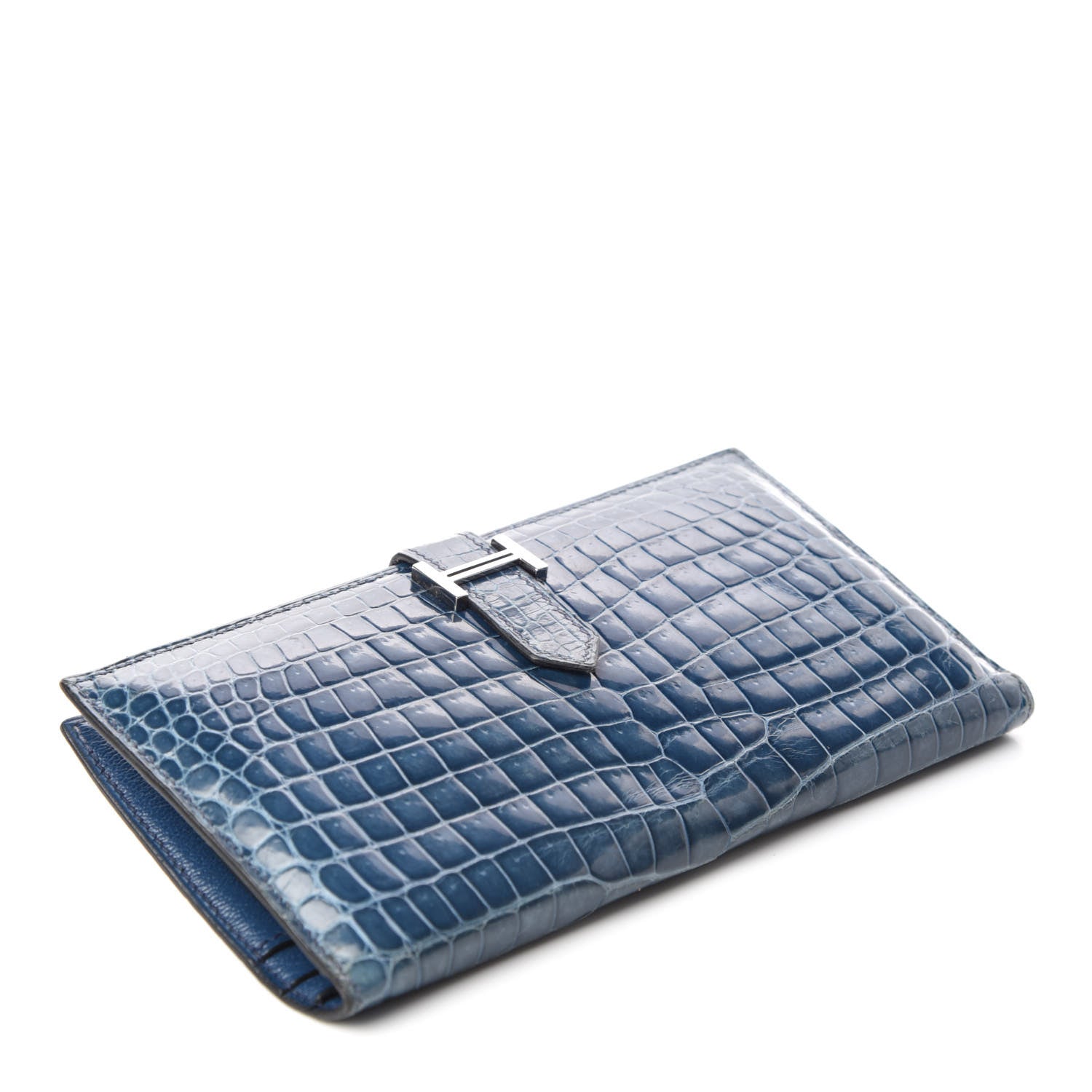 Hermes Shiny Porosus Crocodile Bearn Wallet Blue Jean 4 of 9