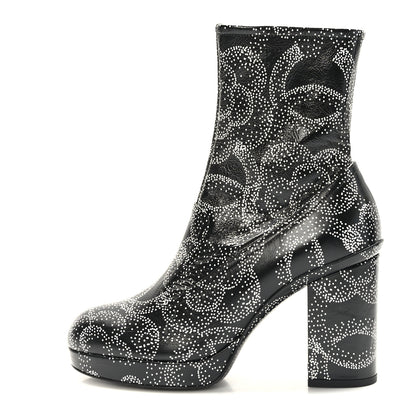 Chanel Calfskin Camellia Printed Ankle Boots 36.5 Black White 1 of 8
