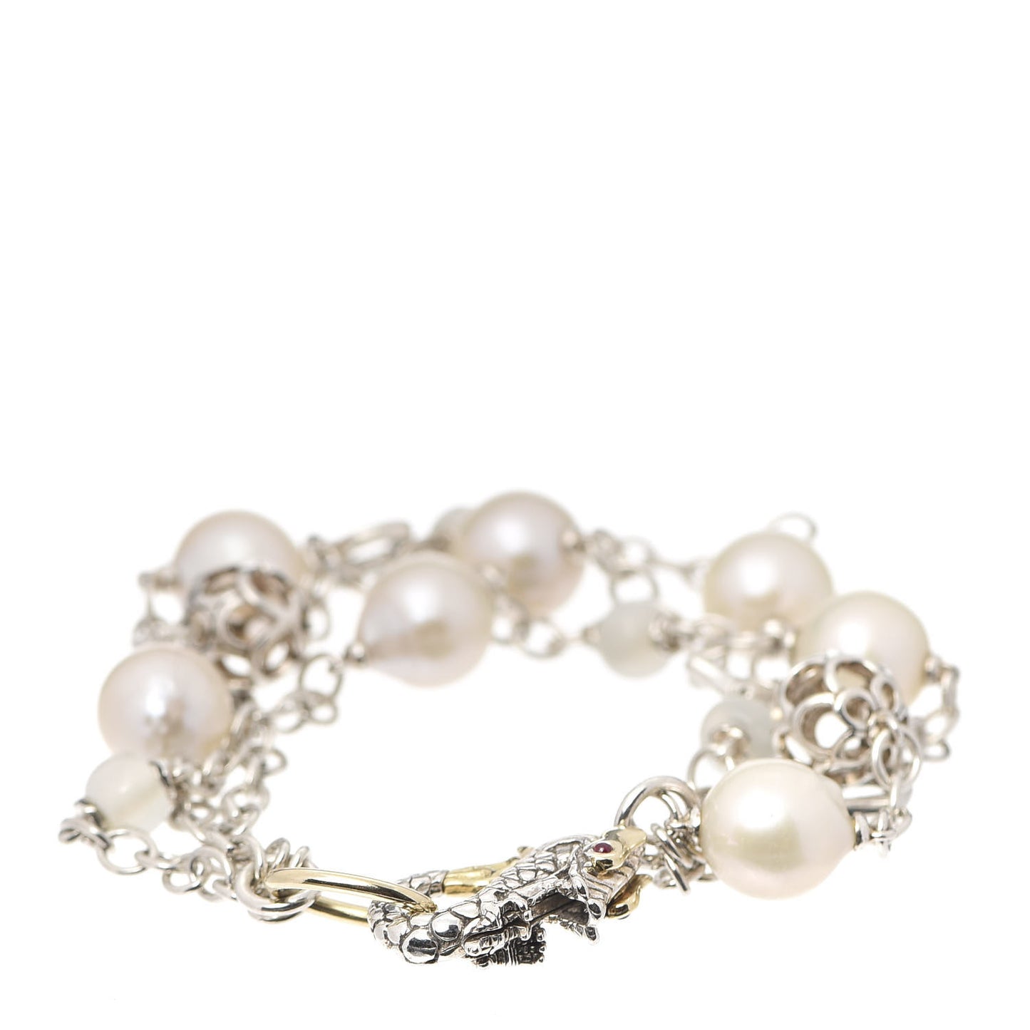 Sterling Silver 18k Yellow Gold Pearl Moonstone Ruby Naga Dragon Three Strand Bracelet