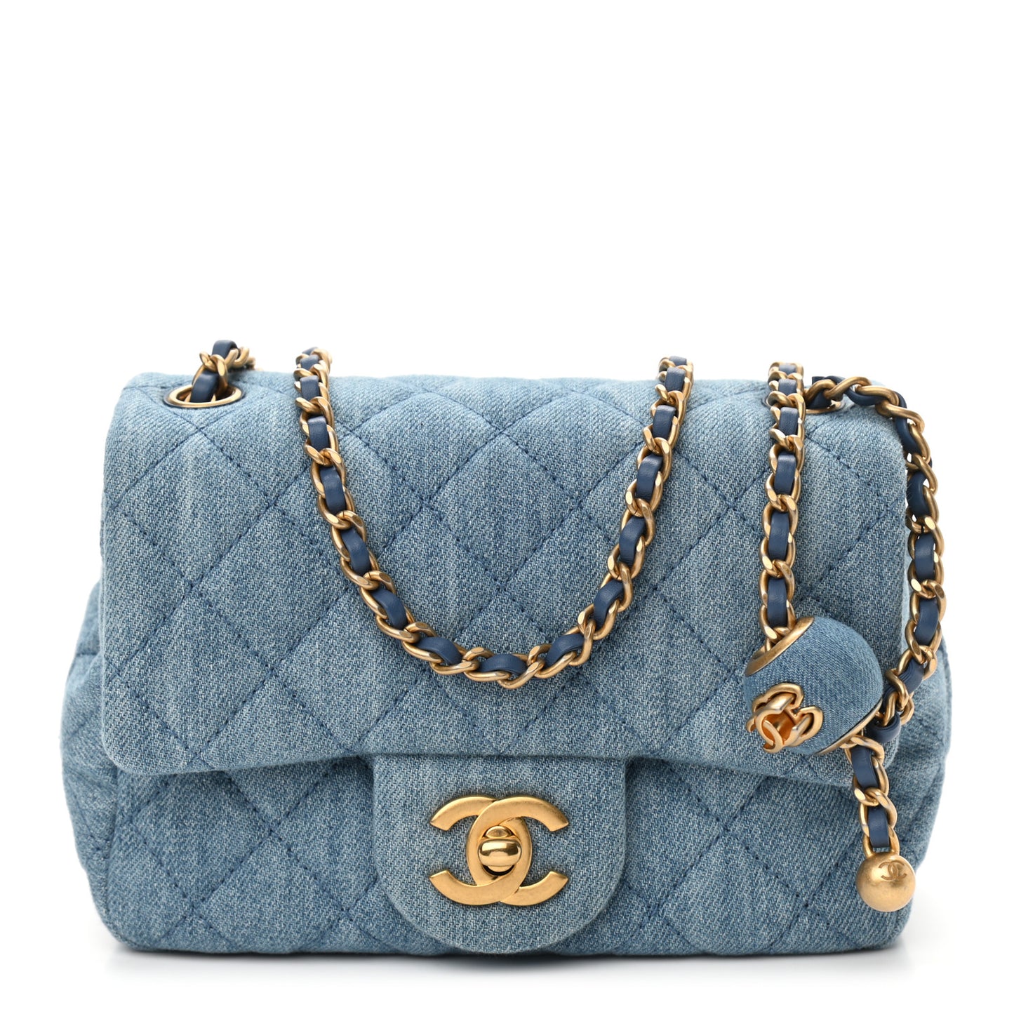 Denim Quilted Mini Pearl Crush Flap Blue