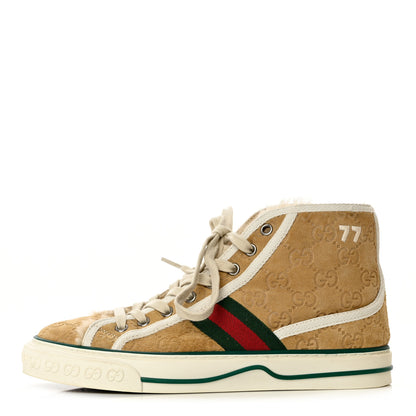 Gucci Suede Shearling Web GG Monogram Embossed Womens 1977 Tennis High Top Sneakers 37 Butterscotch Mystic White 1 of 8
