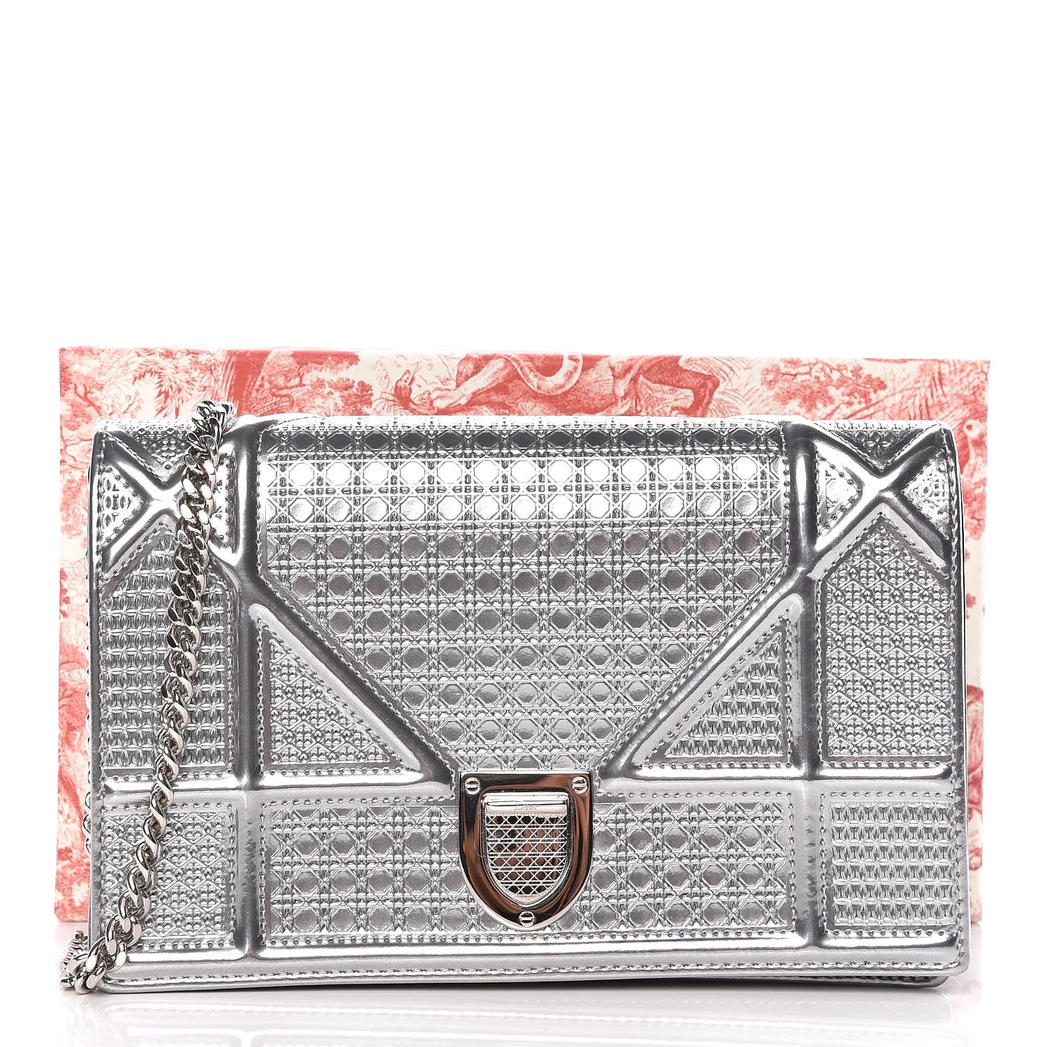 Christian Dior Metallic Patent Micro-Cannage Diorama Wallet on Chain Pouch Silver 13 of 13