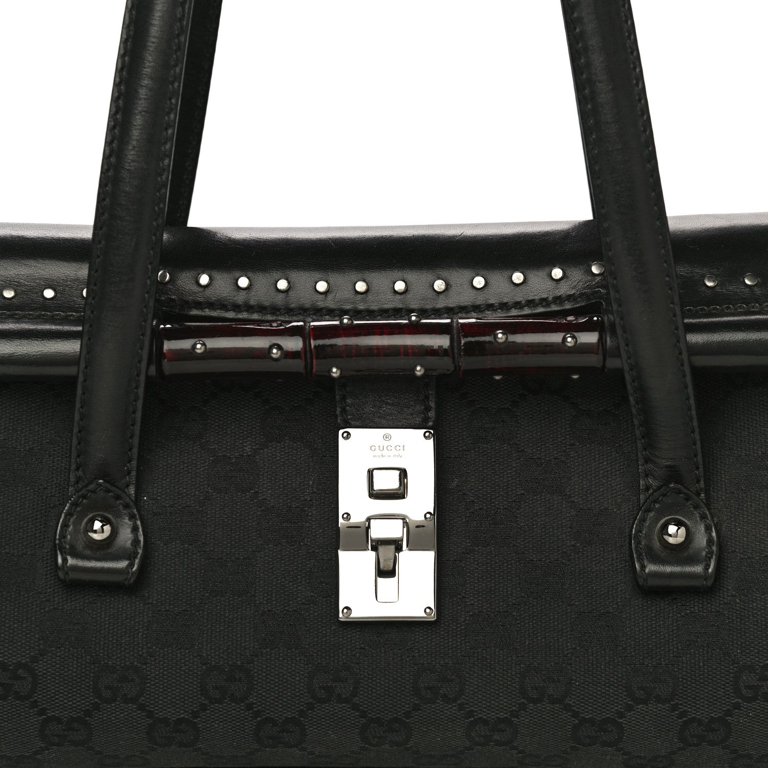 Gucci Monogram Studded Bamboo Bullet Satchel Black 6 of 16